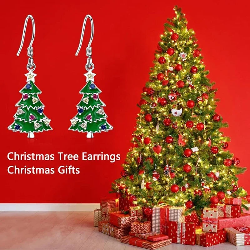 Christmas tree drop earrings with green enamel and colorful bauble charms, silver-tone hooks