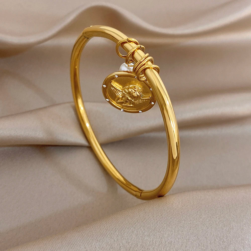 Vintage Geometric Textured Cuff Bangle for Women Glossy Gold Plated Copper Zircon Coin Pendant Bracelets Waterproof Jewelry