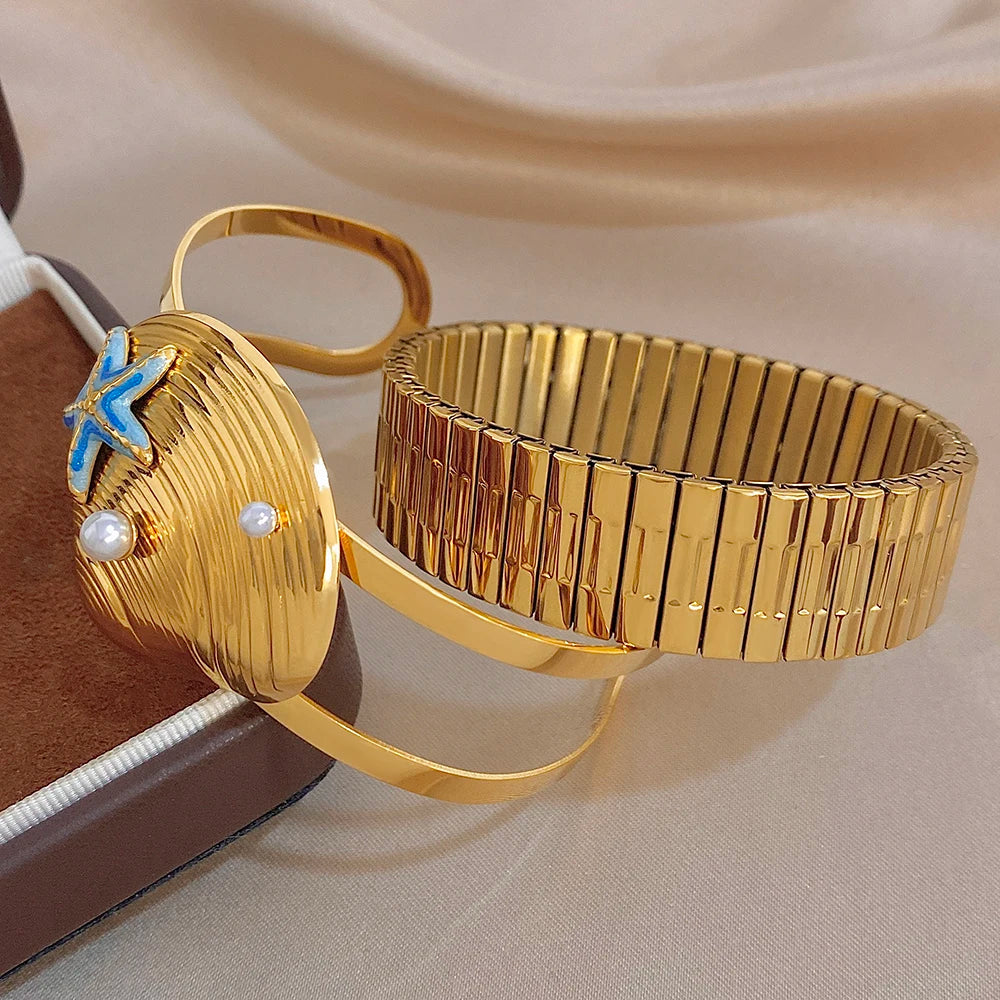 Fashion Gold Plated Stainless Steel Bracelet for Women High Quality Starfish Seashells Cuff Bangle Bracelets Waterproof Jewelry
