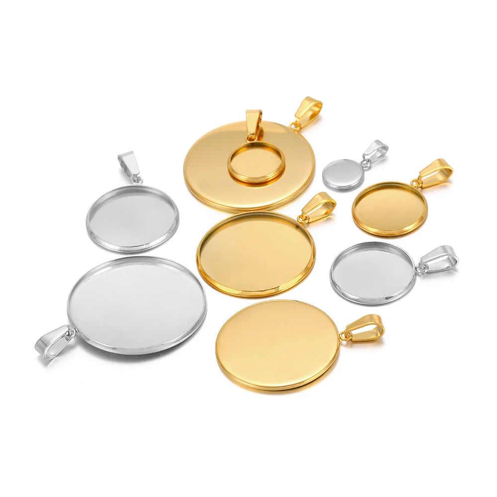 Mixed gold and silver cabochon bezel settings, round trays with top bails, 10pcs