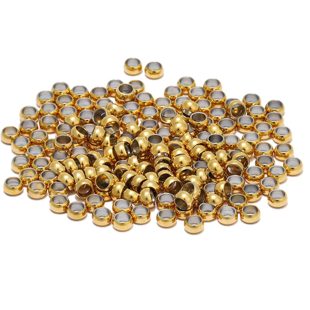 Gold-tone stainless spacer bead stoppers with open rings, round crimp ends