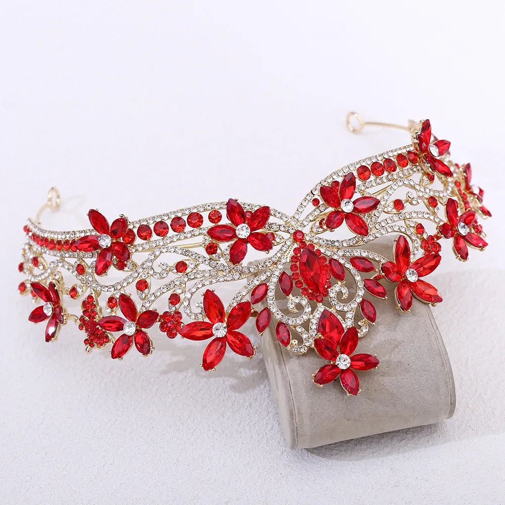 Baroque Crystal Flower Blue Opal Tiaras For Women Party Luxury Bride Diadem Rhinestone Crown Hair Accessories Jewelry