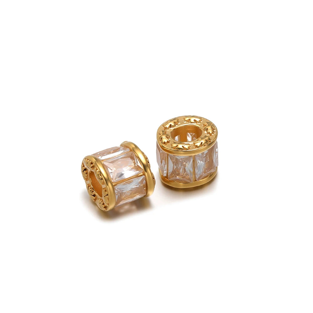Gold-plated zircon spacer beads, clear crystal-style cylinder with drilled hole