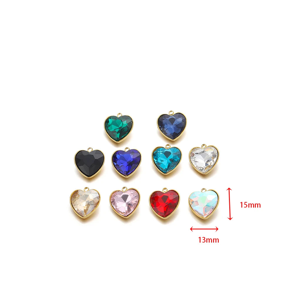 Heart crystal charm pendants set, gold-tone with blue, teal, red, and clear heart stones