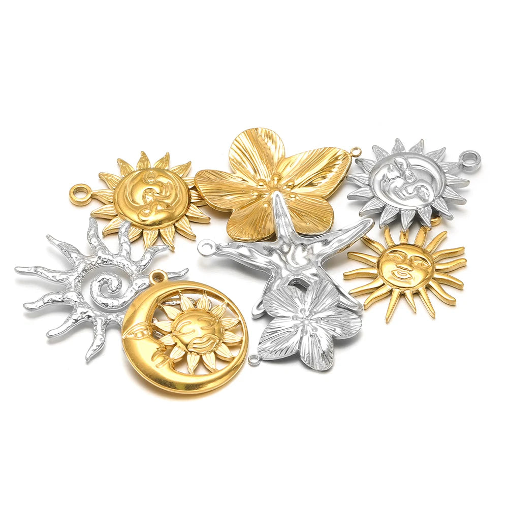 Gold and silver-tone sun and flower charms with starfish charms, stainless steel