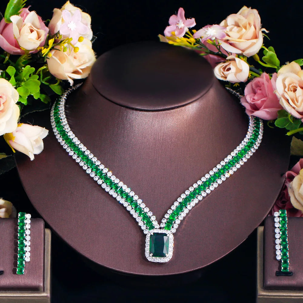 Green cubic zirconia rectangle pendant necklace with matching drop earrings jewelry set