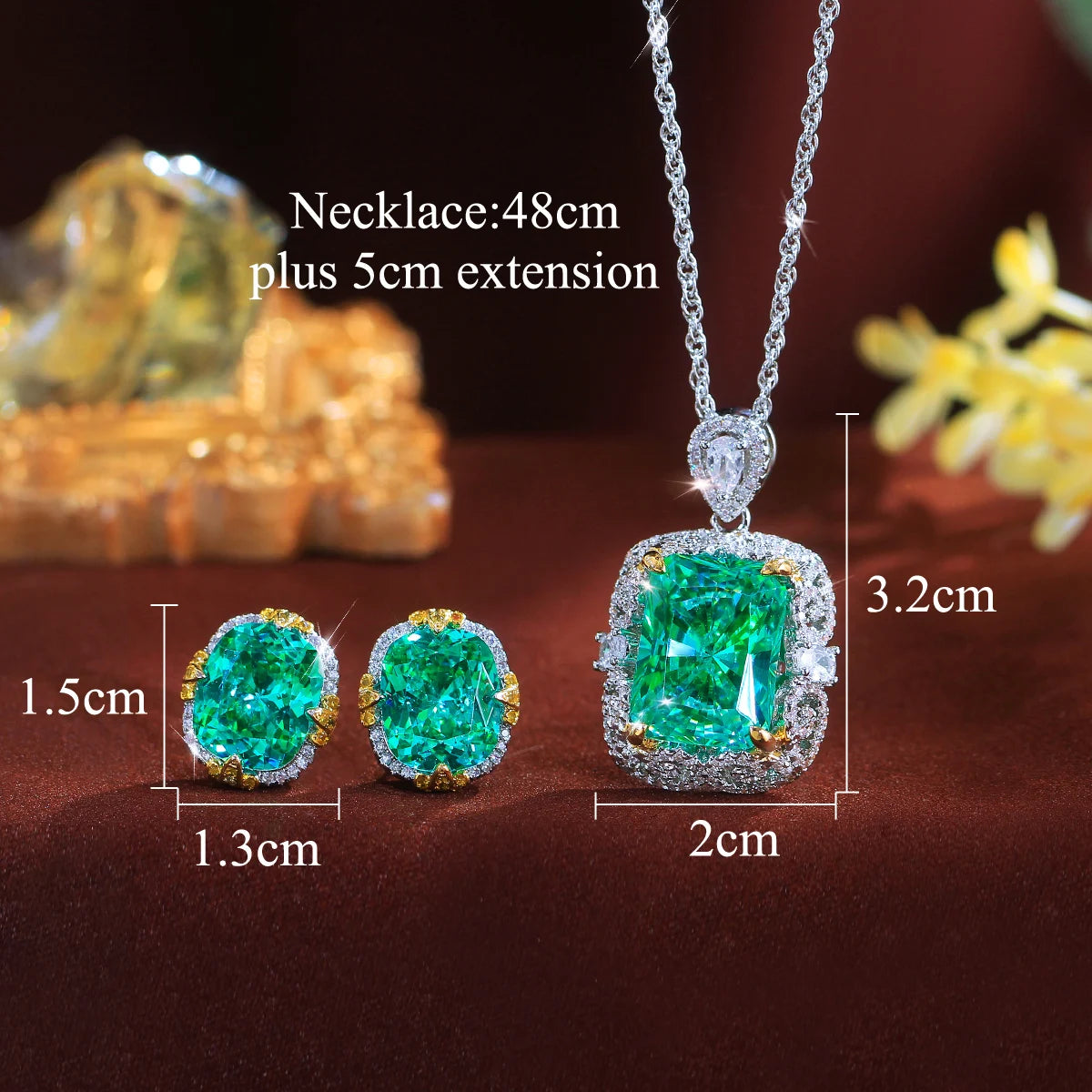 Green crystal necklace and matching earrings with pendant and earring dimensions shown
