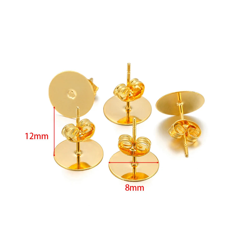 Round flat blank ear stud settings, gold-tone, 12mm posts with 8mm base discs