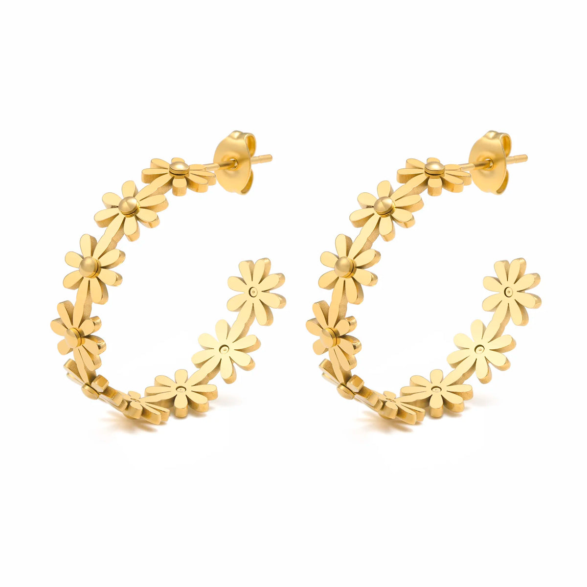 Pair of gold-tone daisy flower hoop earrings with circular floral charm design links