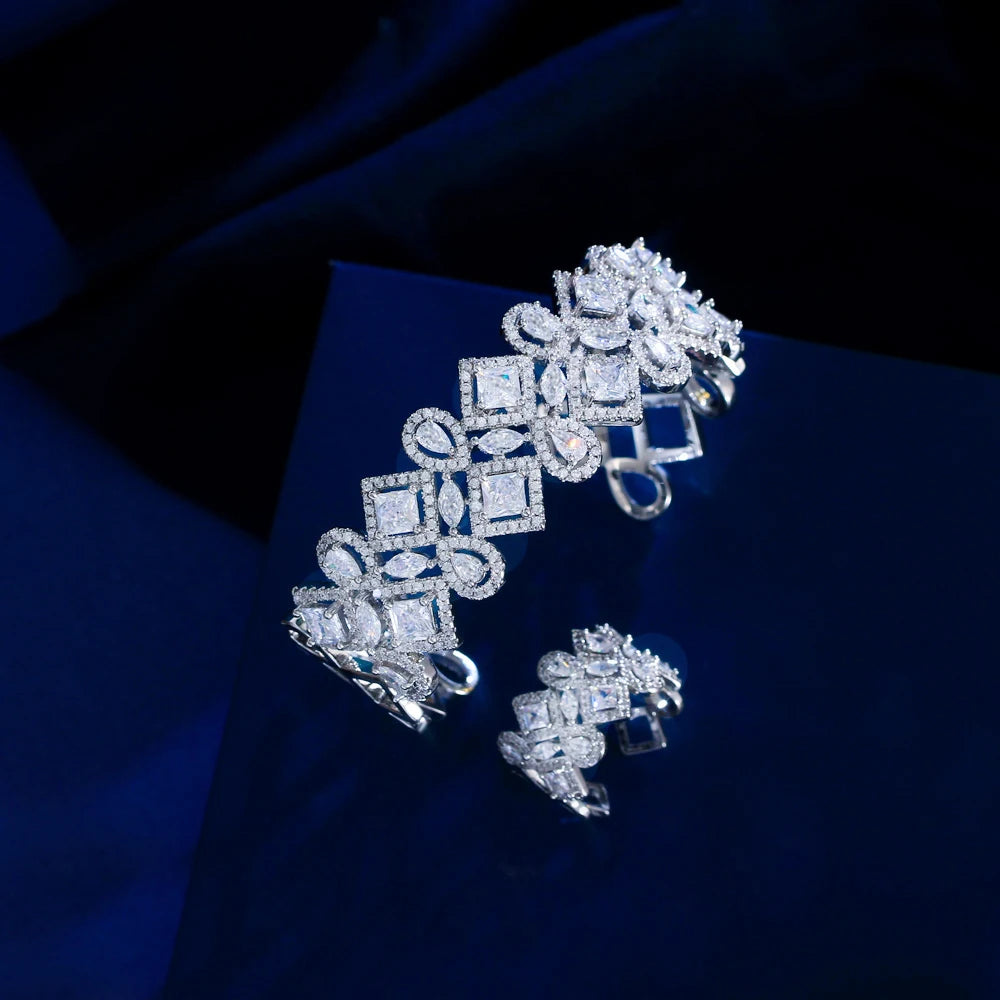 Cubic zirconia bracelet and ring set with geometric bow links, silver-tone, clear stones