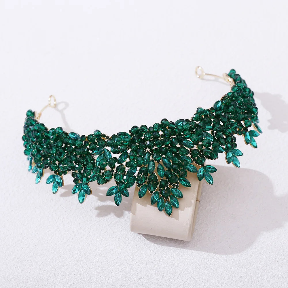 Large bridal tiara with emerald green crystal flower fringe and gold-tone frame