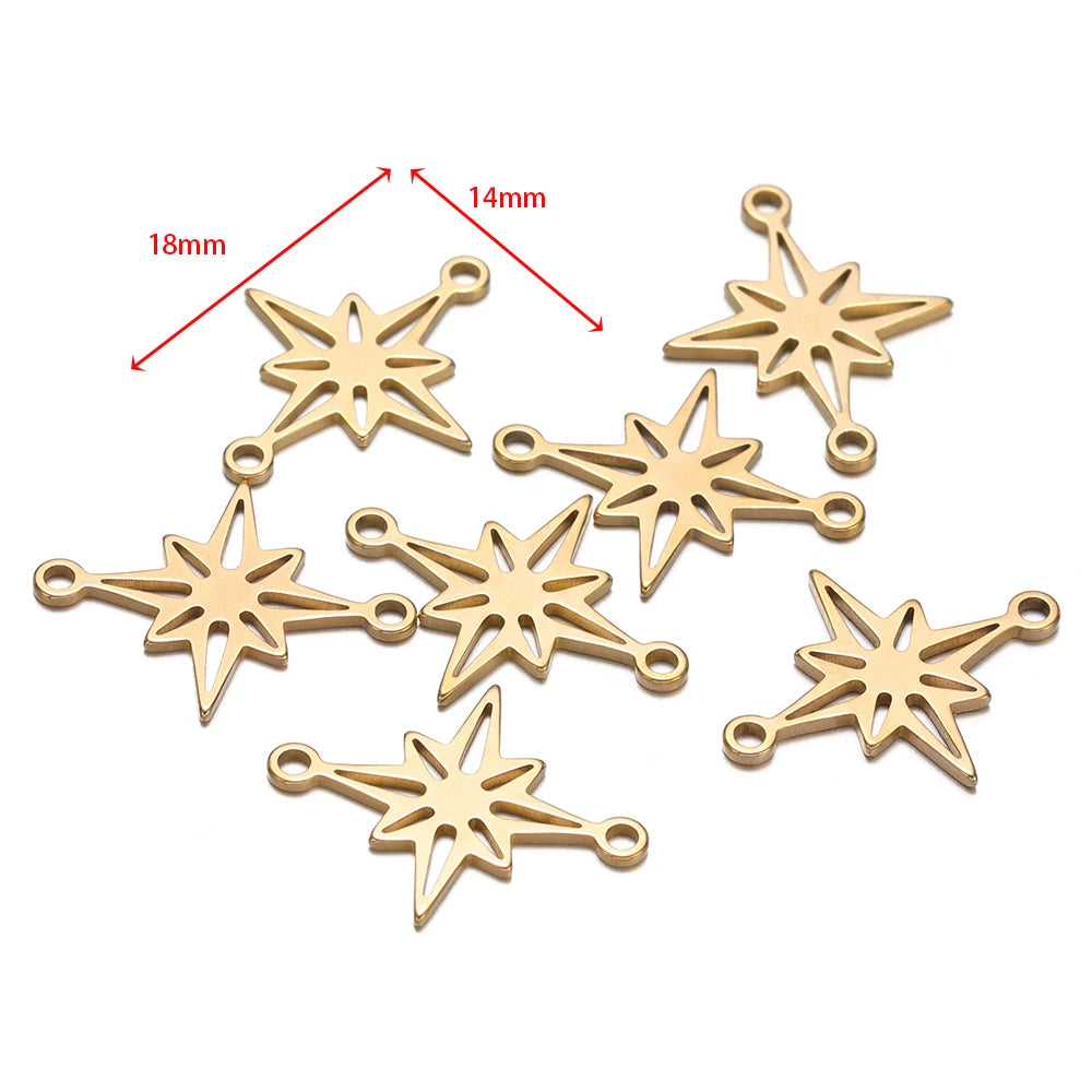 Gold-tone snowflake star charm connectors with attachment loops, measured pieces