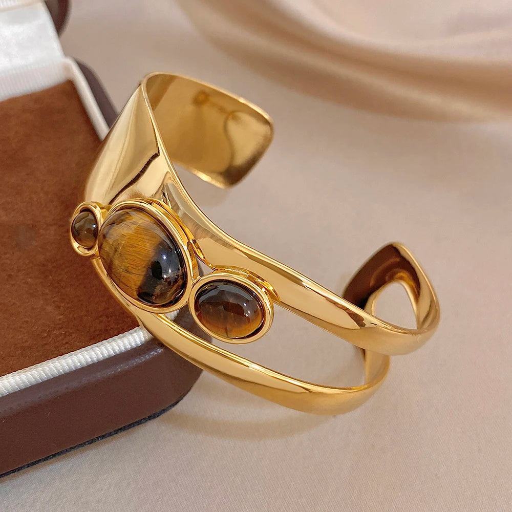 Retro Tiger Eye Stone Beads Cuff Bangle for Women Glossy Geometric Gold Plated Stainless Steel Wide Bracelets Waterproof Jewelry