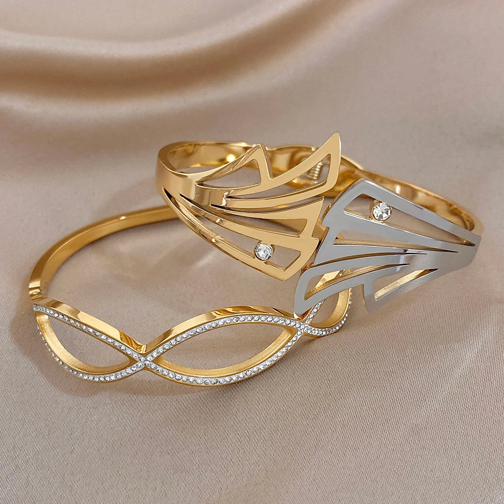 Irregular Gold Plated Stainless Steel Cuff Bangle for Women Exaggerated Geometric Zircon Wide Bracelets Waterproof Jewelry Set