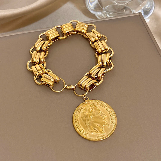 Chubby Geometric Circle Chain Coin Pendant Bracelets for Women Fashion Gold Plated Stainless Steel Bracelet Waterproof Jewelry