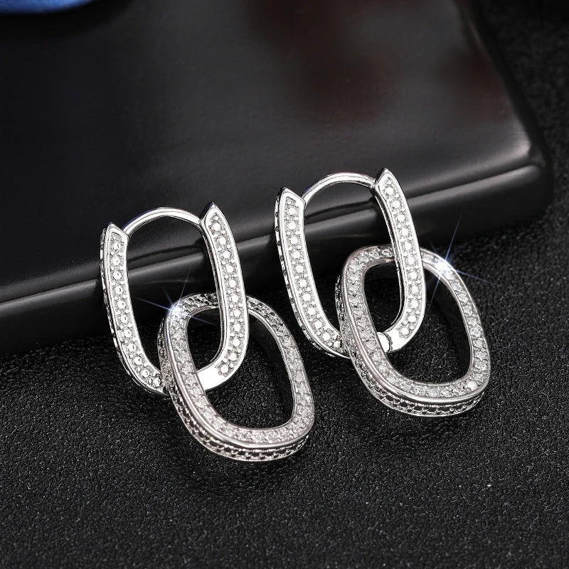 Fashion Geometric Oval Double Hoop Drop Earrings with Bright Zirconia Jewelry Gift