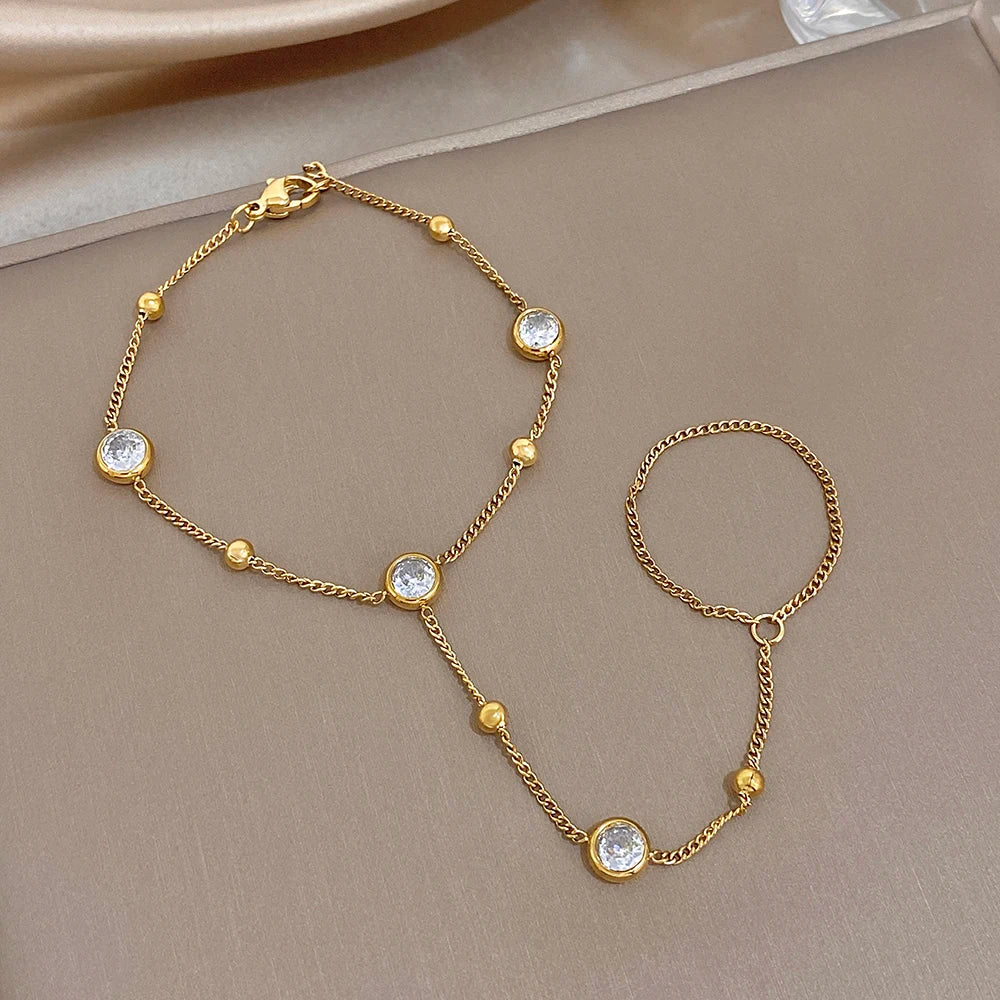 Gold-plated zircon bead chain bracelet with round stones and matching finger ring