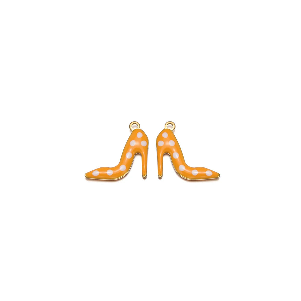 Orange enamel high-heel shoe charm pair with white polka dots and gold-tone loops