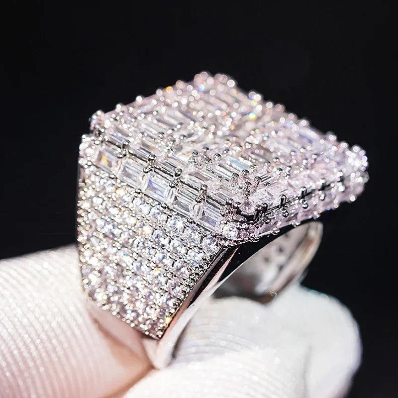 Geometric cubic zirconia ring with clear baguette and pavé stones