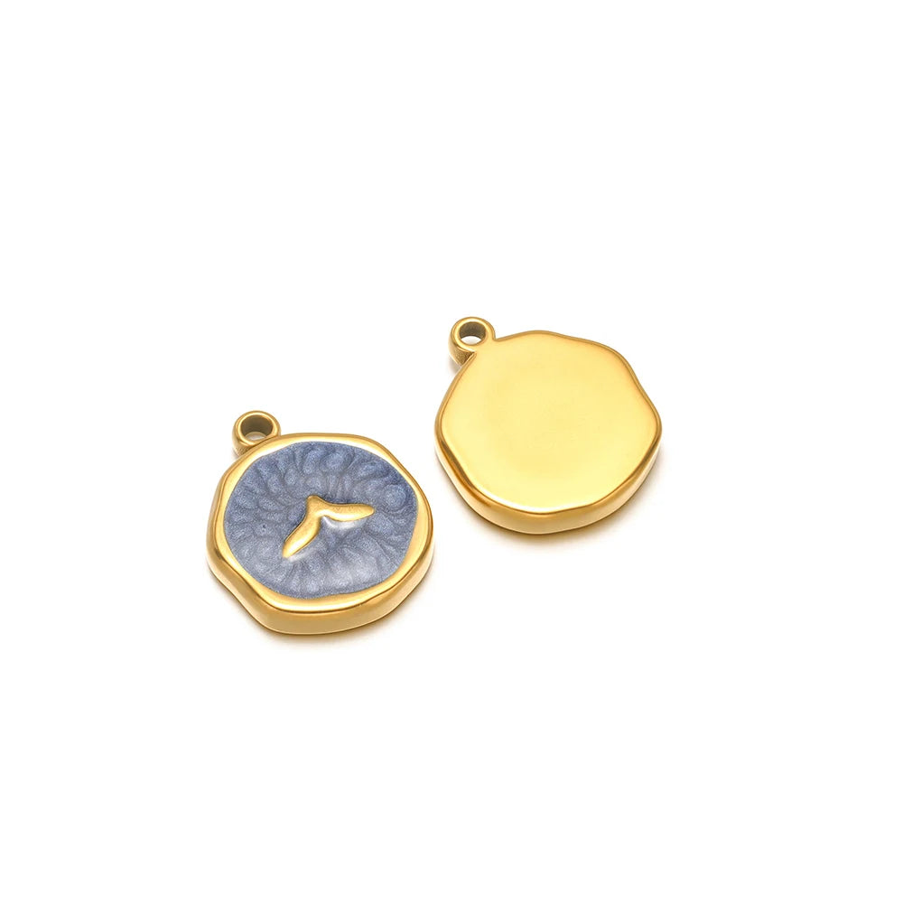 Enamel shell charms set: light blue seahorse motif charm and plain yellow round-face charm