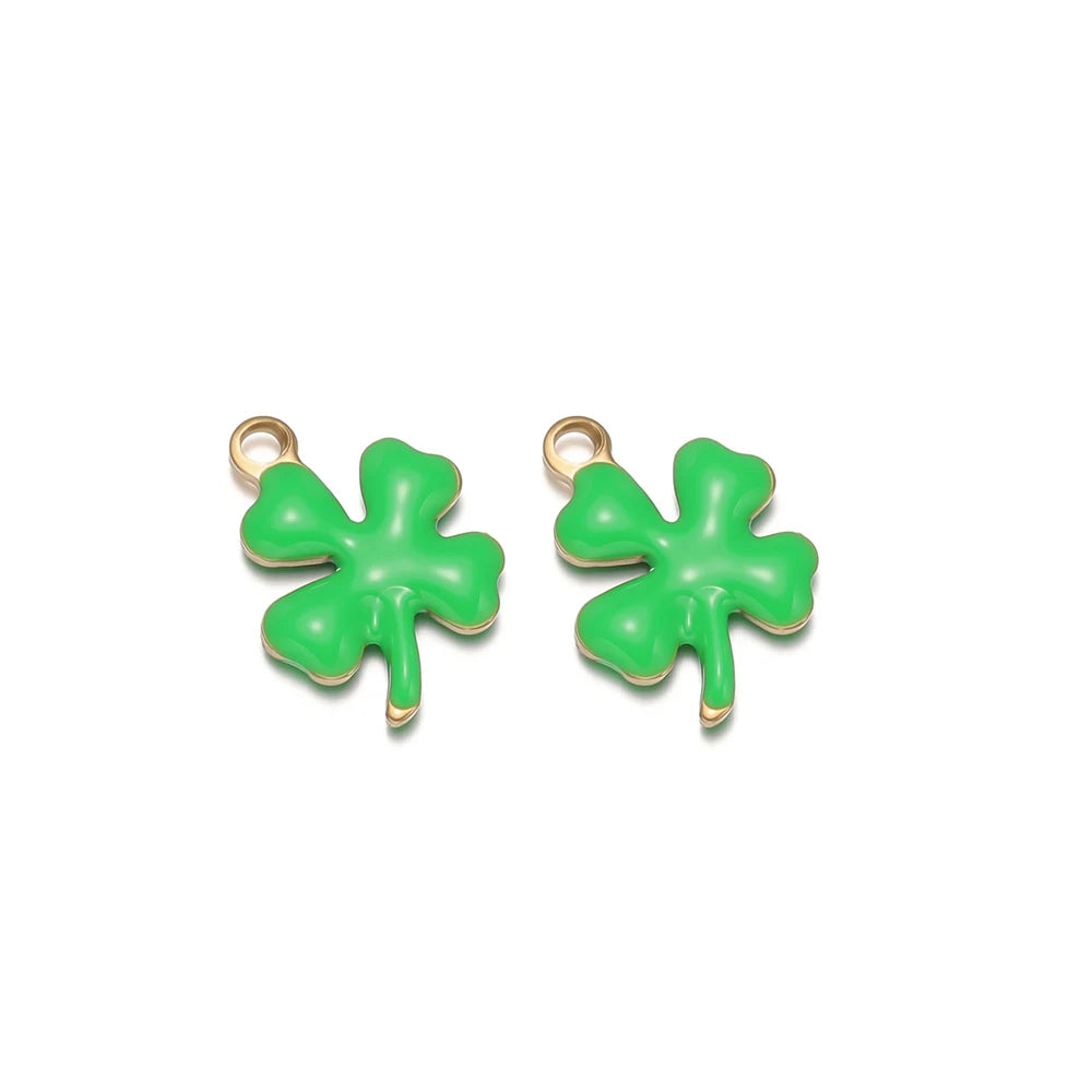 Green enamel clover flower charms with gold-tone loop for DIY jewelry making