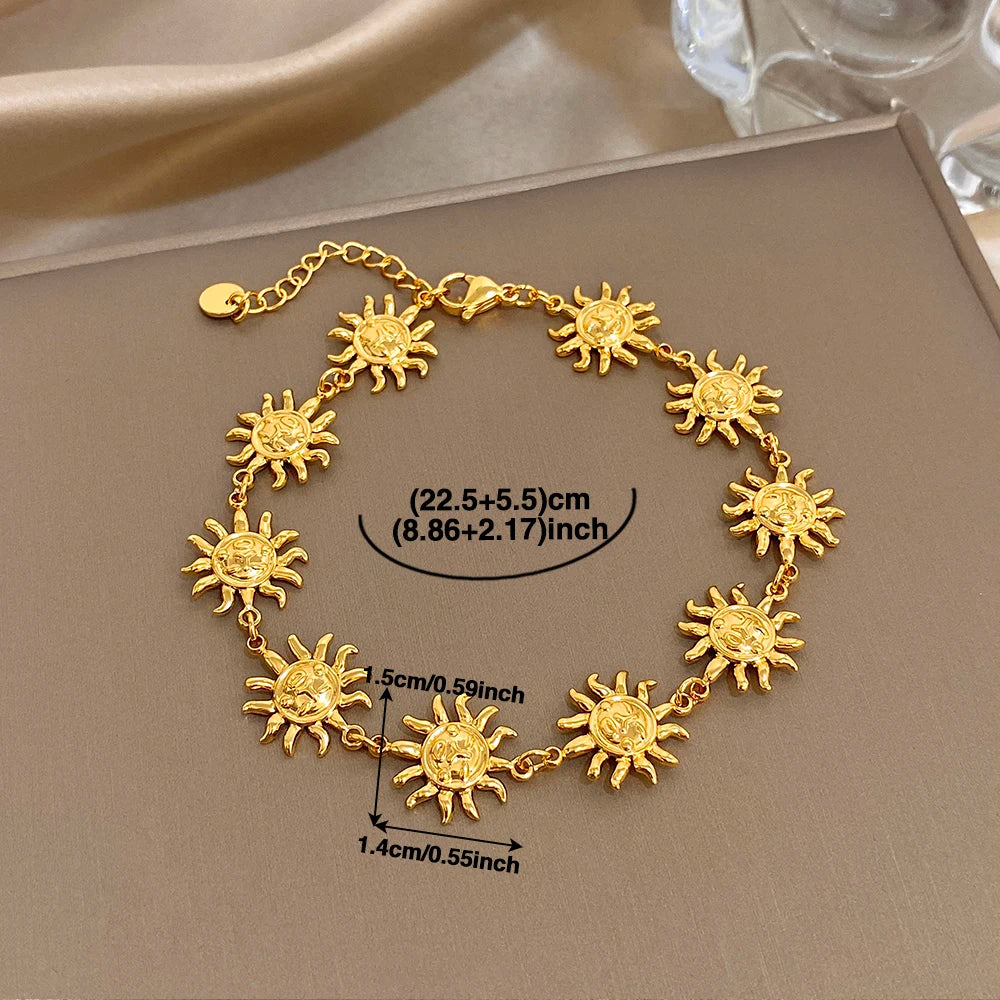 Chic Gold Plated Stainless Steel Bracelet Anklet for Women Fashion Sun Totem Patchwork Bracelets Anklets Waterproof Jewelry