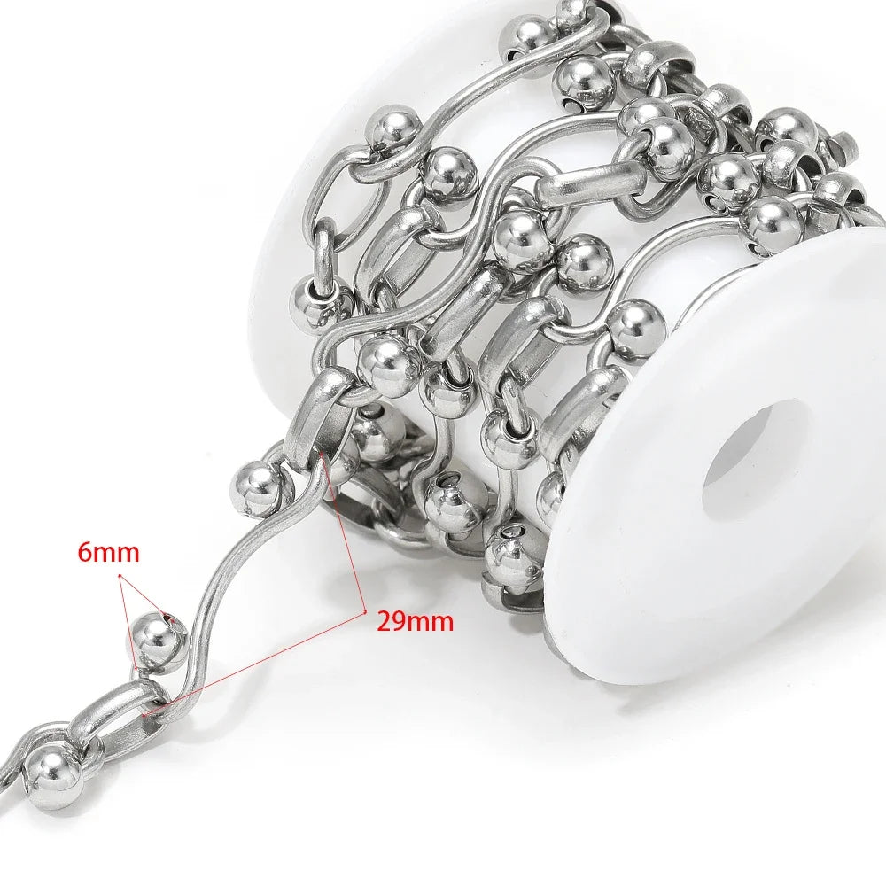 Stainless steel chain necklace with bead-like links, labeled 6mm and 29mm