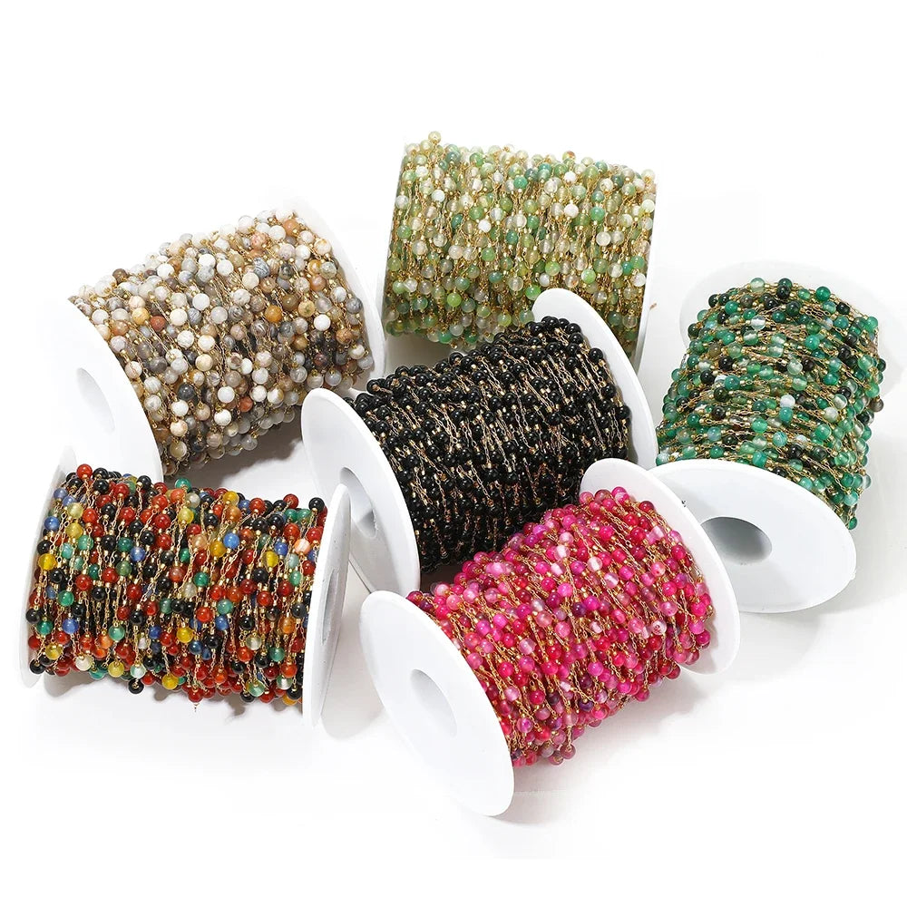 Mixed bead chain spools with gold-tone links and pearl, green, black, pink, brown beads