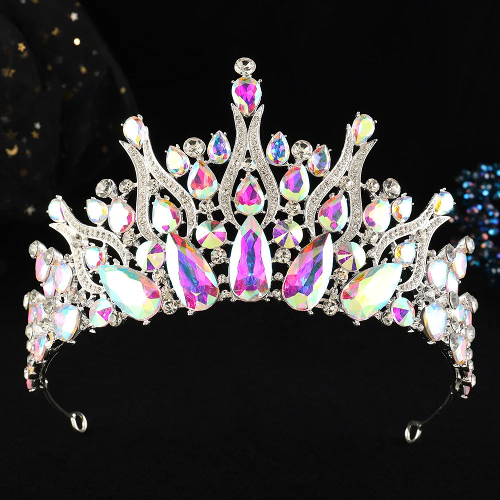 Rhinestone tiara headpiece with iridescent multi-color crystals and curved crown setting