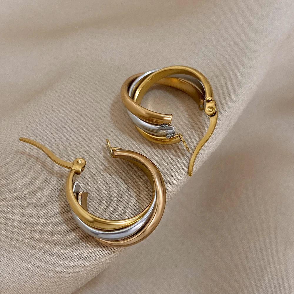 Pair of open twisted hoops showing the hinged post closures