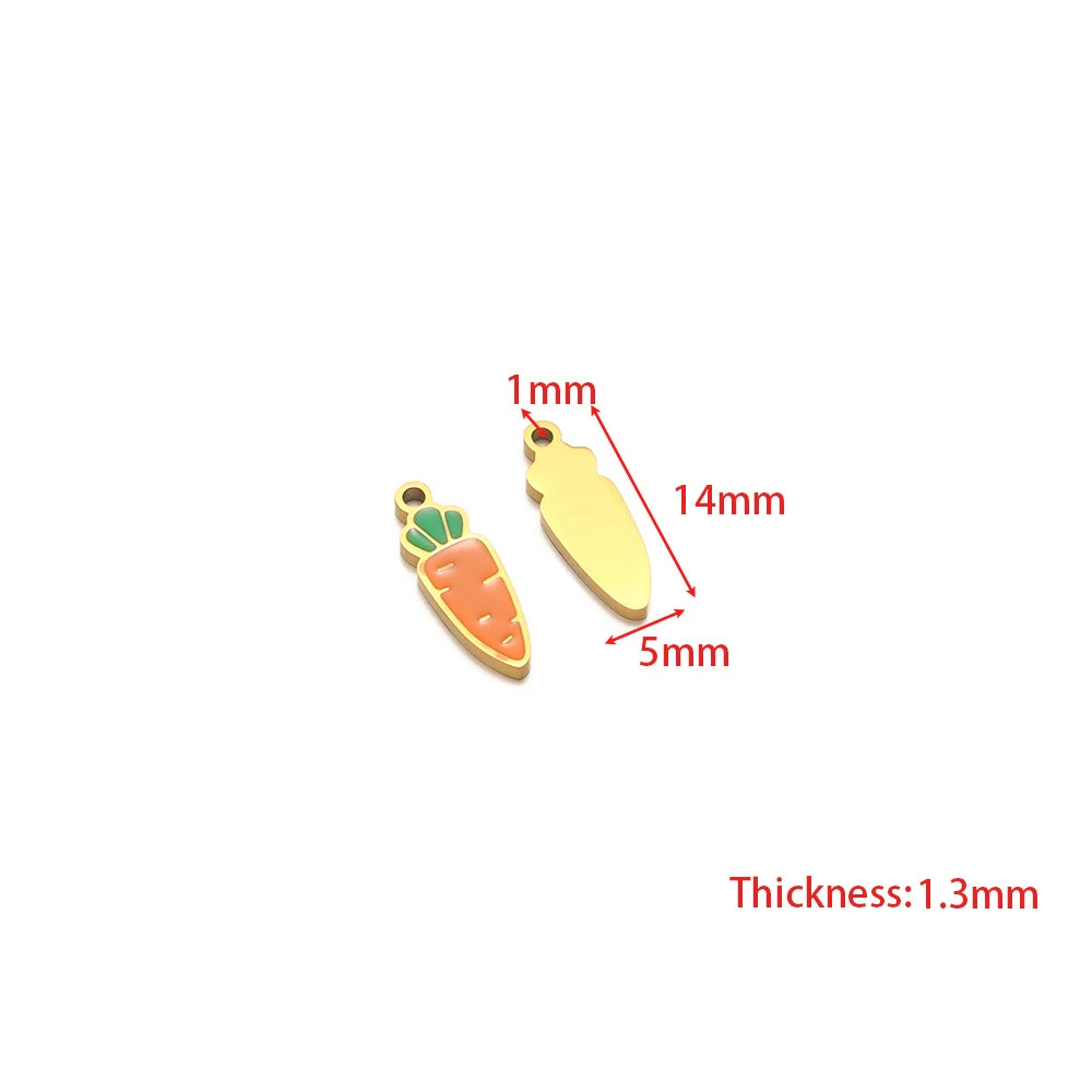 Fruit charm pendants dimension guide; orange carrot and gold charm with size labels
