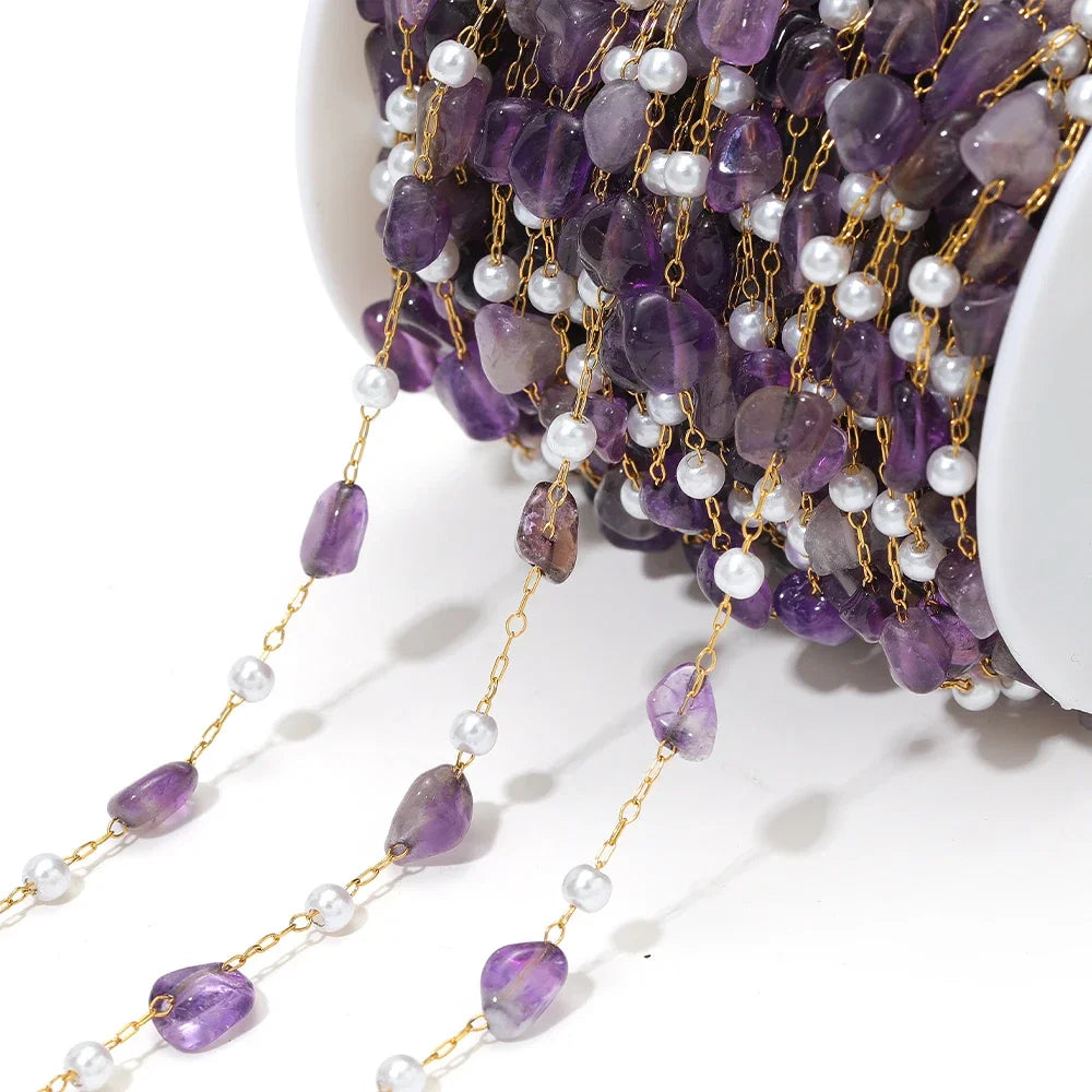 Irregular purple stone bead chain with white pearl drops and gold-link connectors