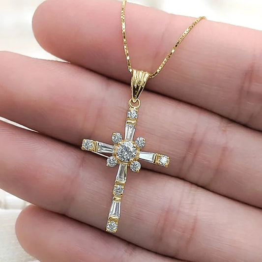 Gold-tone cubic zirconia cross pendant necklace with stone-studded cross and bail