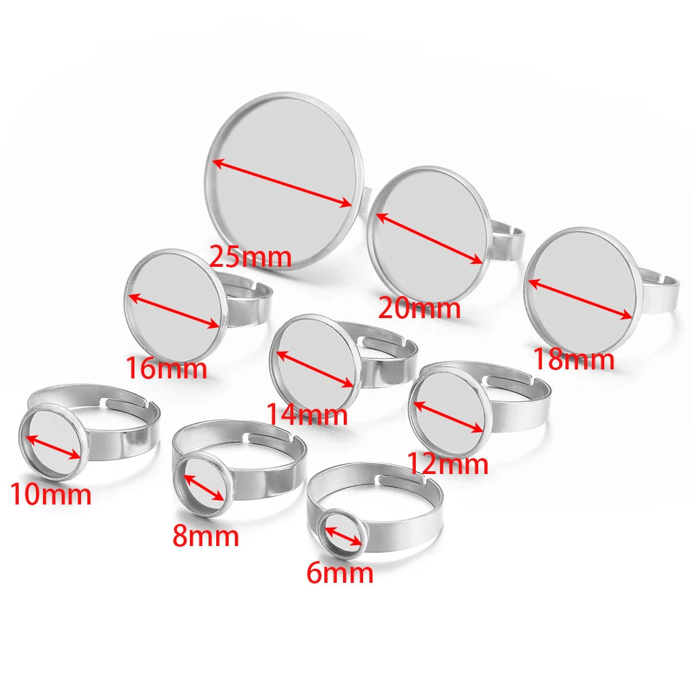 Silver cabochon ring bezel blanks labeled 6–25mm, adjustable open-back settings
