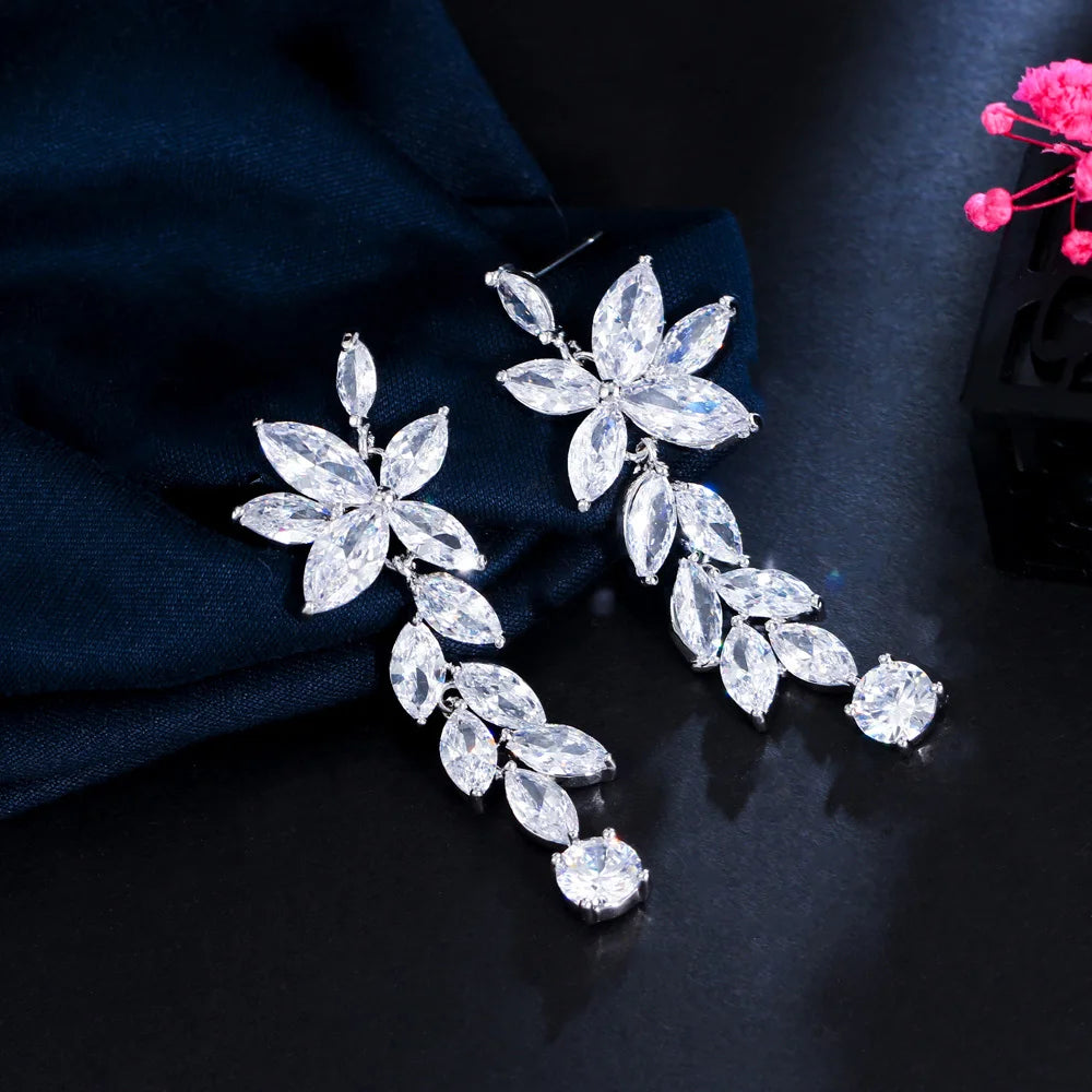 Bling Bling CZ Silver Plated Flower Leaf Shaped Long Dangle Earrings For Women Fashion Jewelry