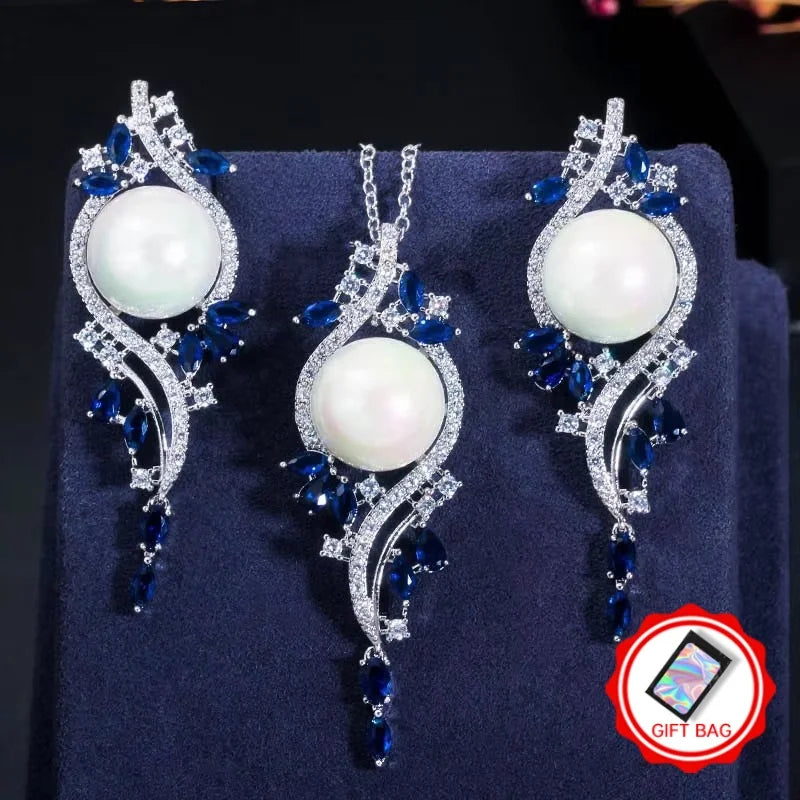 White imitation pearl jewelry set with blue zirconia leaves and gift bag offer
