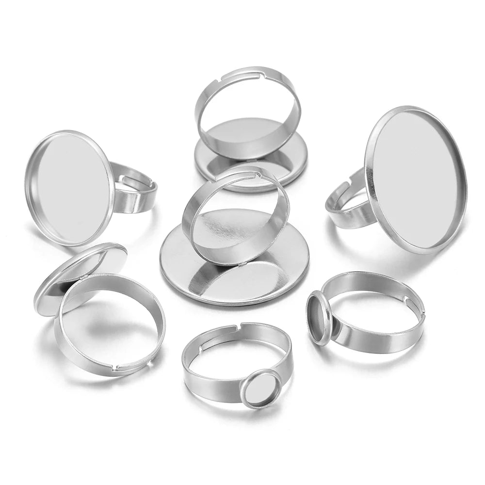 Silver round cabochon ring bezel settings, adjustable open-back blanks (10 pieces)