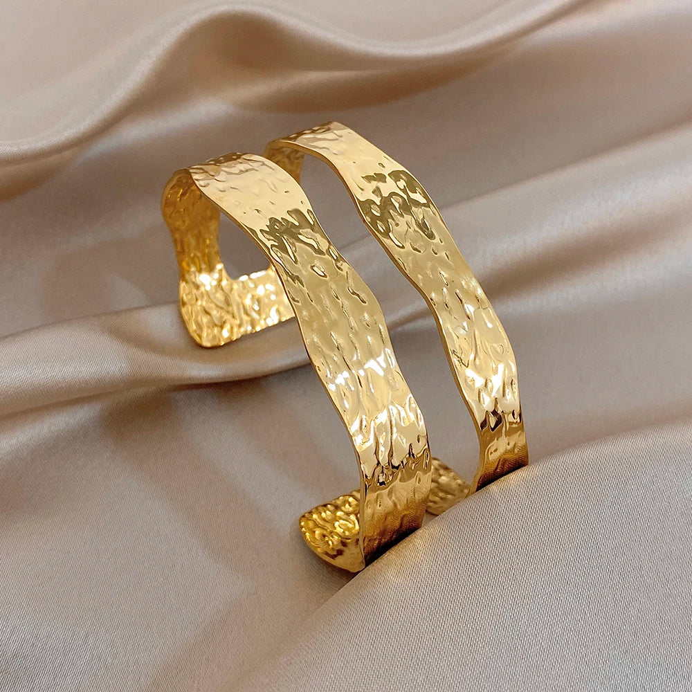 Irregular Hammered Geometric Butterfly Stainless Steel Cuff Bangle Exaggerated Gold Plated Wide Bracelets Waterproof Jewelry Set