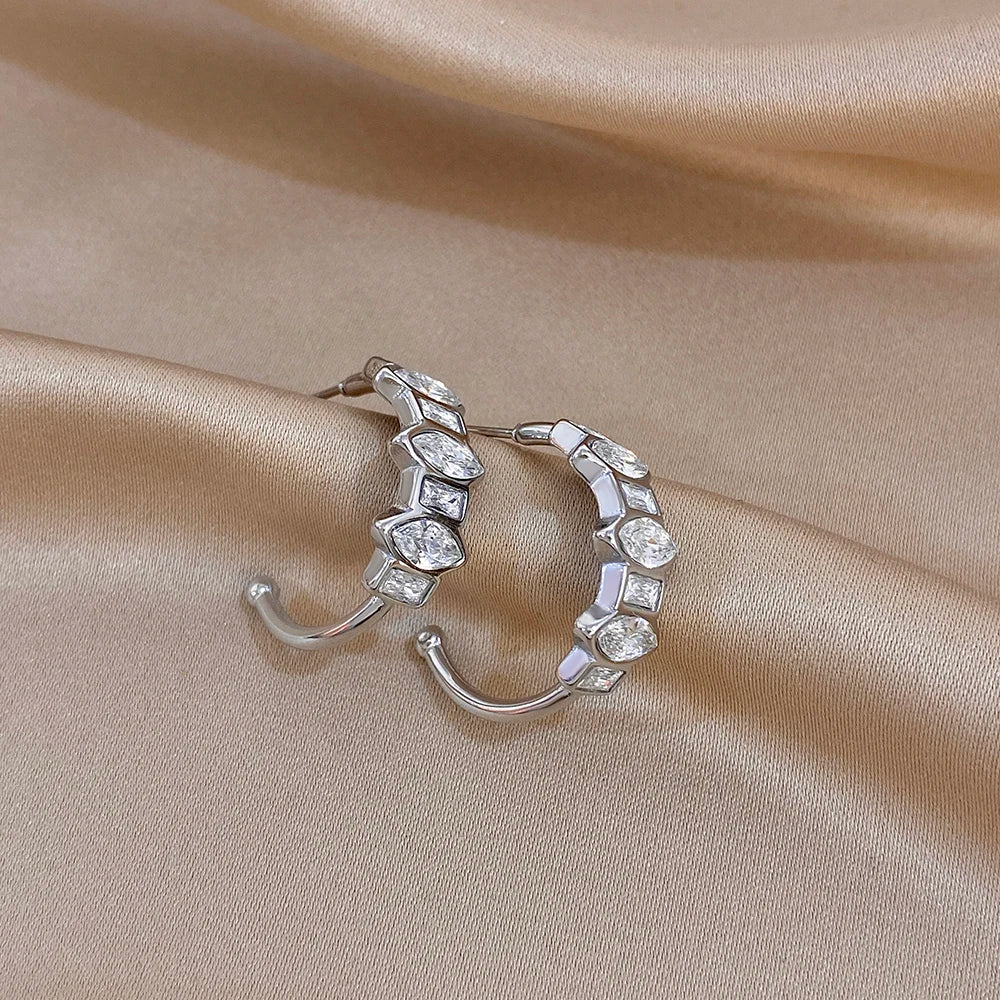 Silver-tone geometric zirconia hoop earrings with stacked square stone links