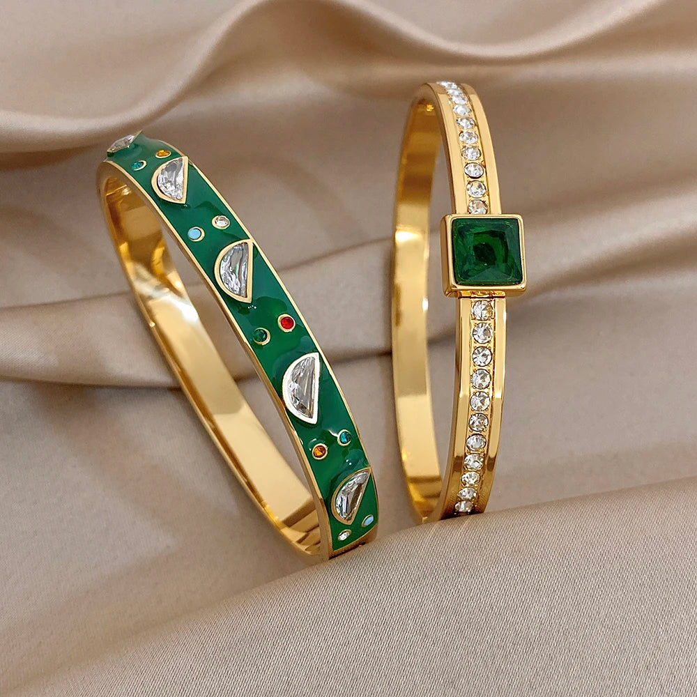 Delicate Green Enamel Stainless Steel Bangle for Women Glossy Colorful Zircon Stainless Steel Cuff Bracelets Waterproof Jewelry