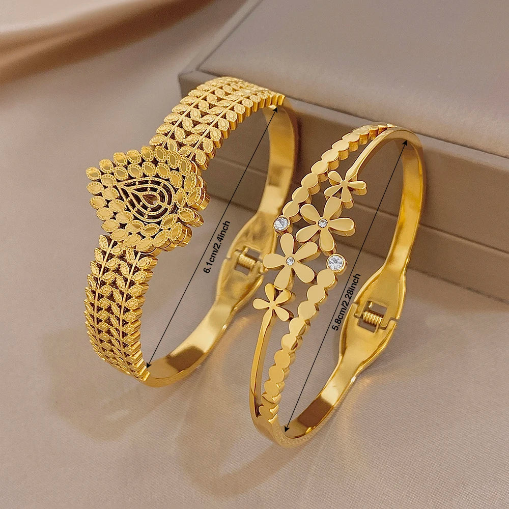 Chic Stainless Steel Gold Plated Cuff Bangle for Women Exaggerated Leaves Flower Chunky Bracelets Waterproof Jewelry Set