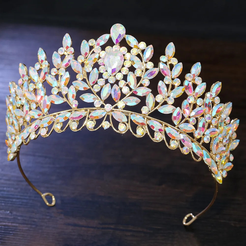 Gold crystal leaf-branch bridal tiara with AB teardrop stones and arched headband
