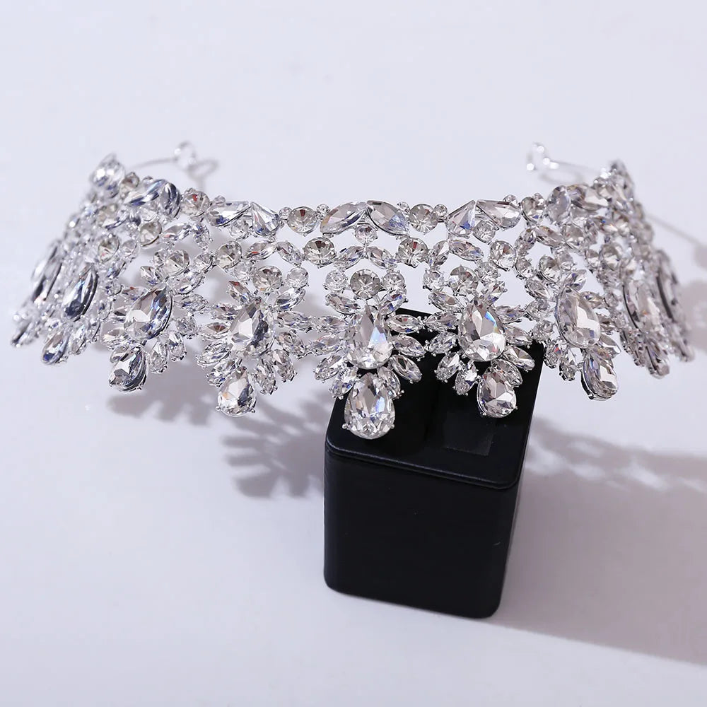 Rhinestone diadem headpiece with silver clear crystals in floral fringe design