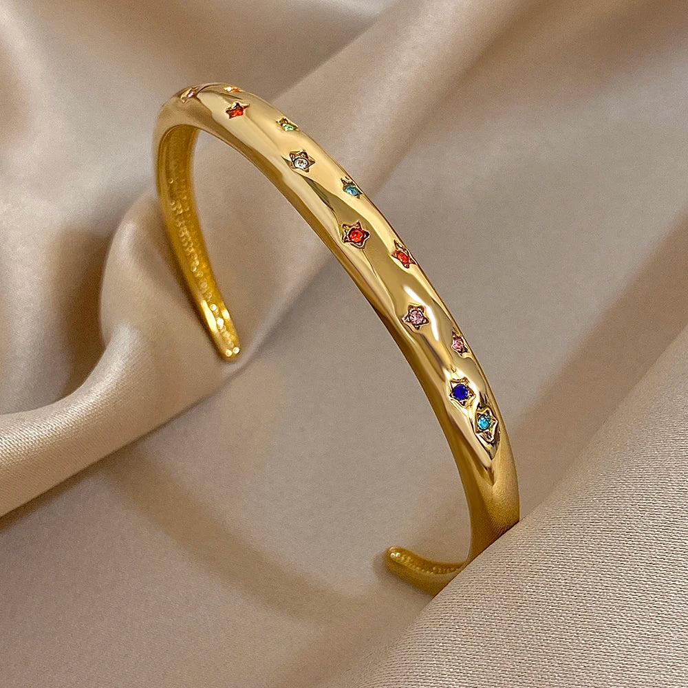 Delicate Colorful Zircon Cuff Bangle Bracelets for Women Trendy Gold Plated Stainless Steel Smooth Bangles Waterproof Jewelry