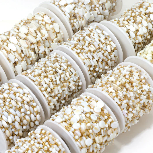 White and gold bead chain on spools, natural shell-style links for DIY jewelry