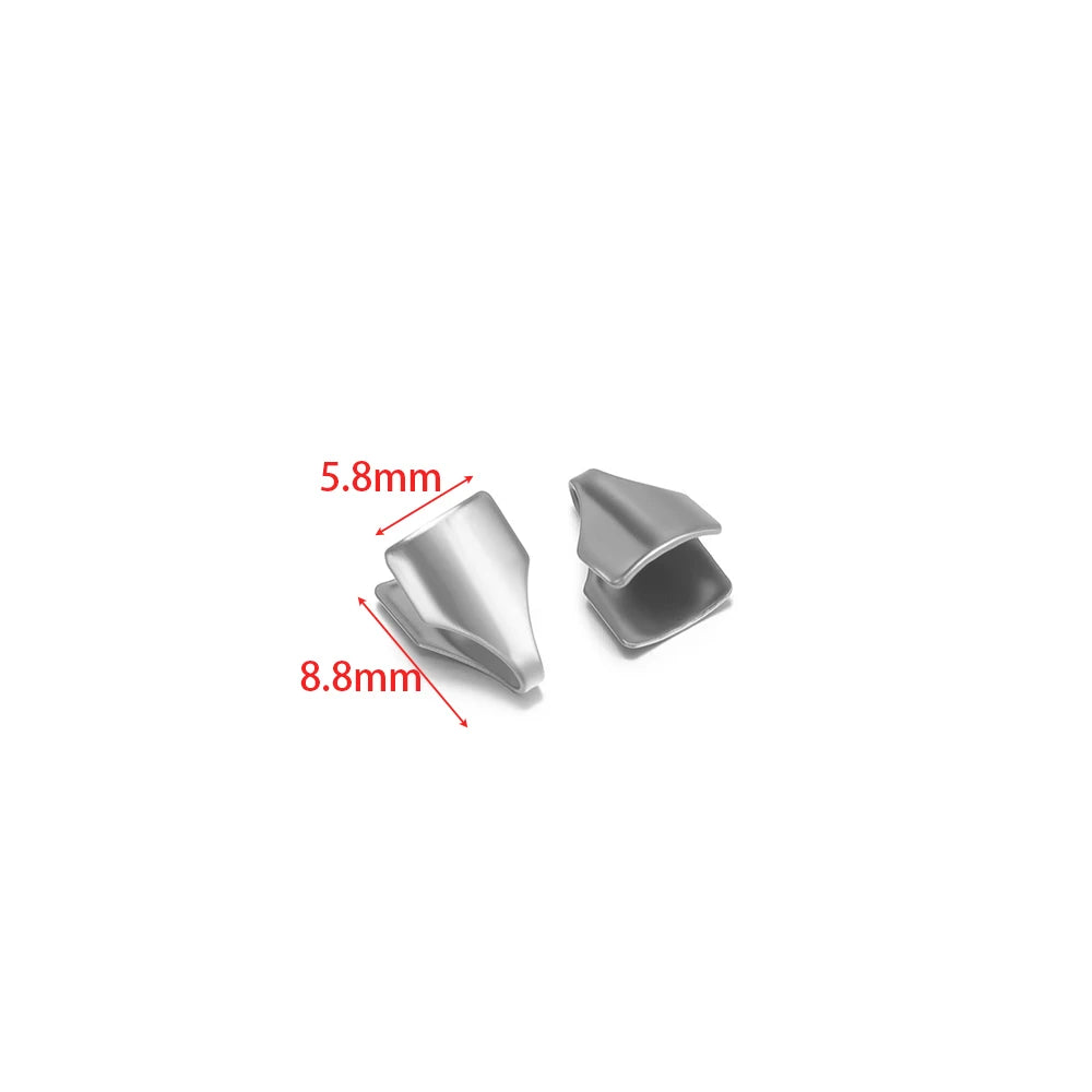 Silver fold-flat crimp end caps, size marked 5.8mm and 8.8mm