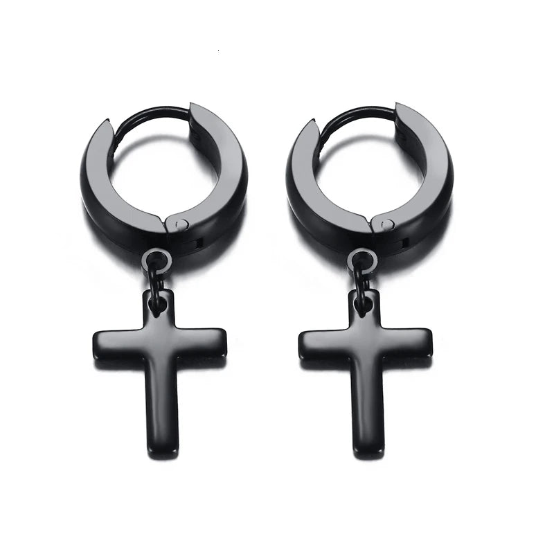 Black cross drop hoop earrings with glossy hoops and hanging cross charm