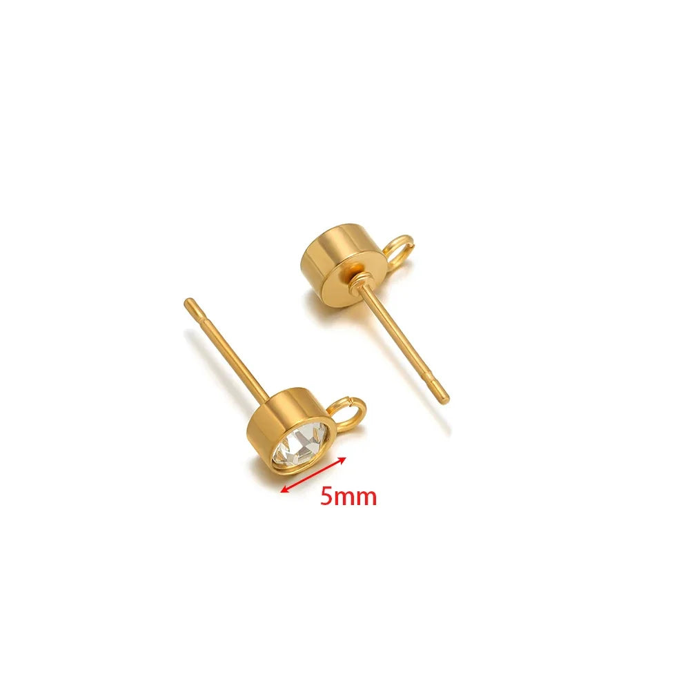 Gold-tone zircon stud earring posts, 5mm round crystal, loop backs