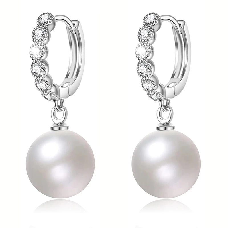 Silver-tone zirconia hoop earrings with round pearl drop charms