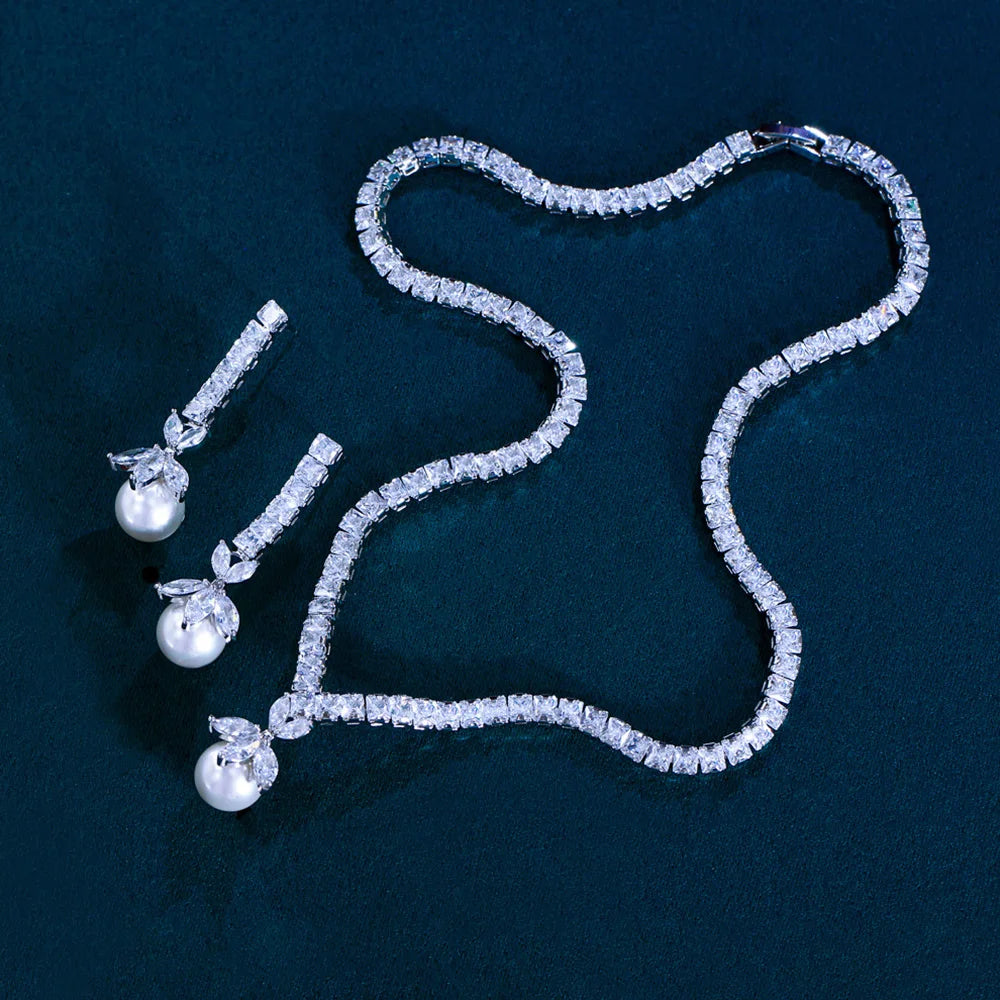Shiny Cubic Zircon Pearl Necklace Earrings Costume Jewelry Sets for Women Party Bridal Wedding